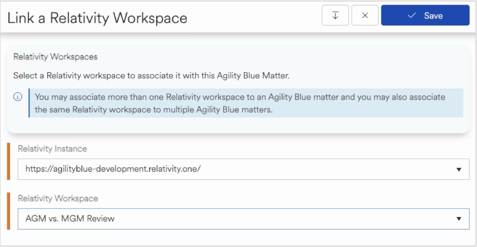 Linking a Relativity workspace to an Agility Blue matter for document management.